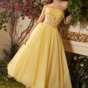 NEW YELLOW MIDI SUNSHINE PROM APERTY EVENING A-LINE  TEA DRESS AL1055